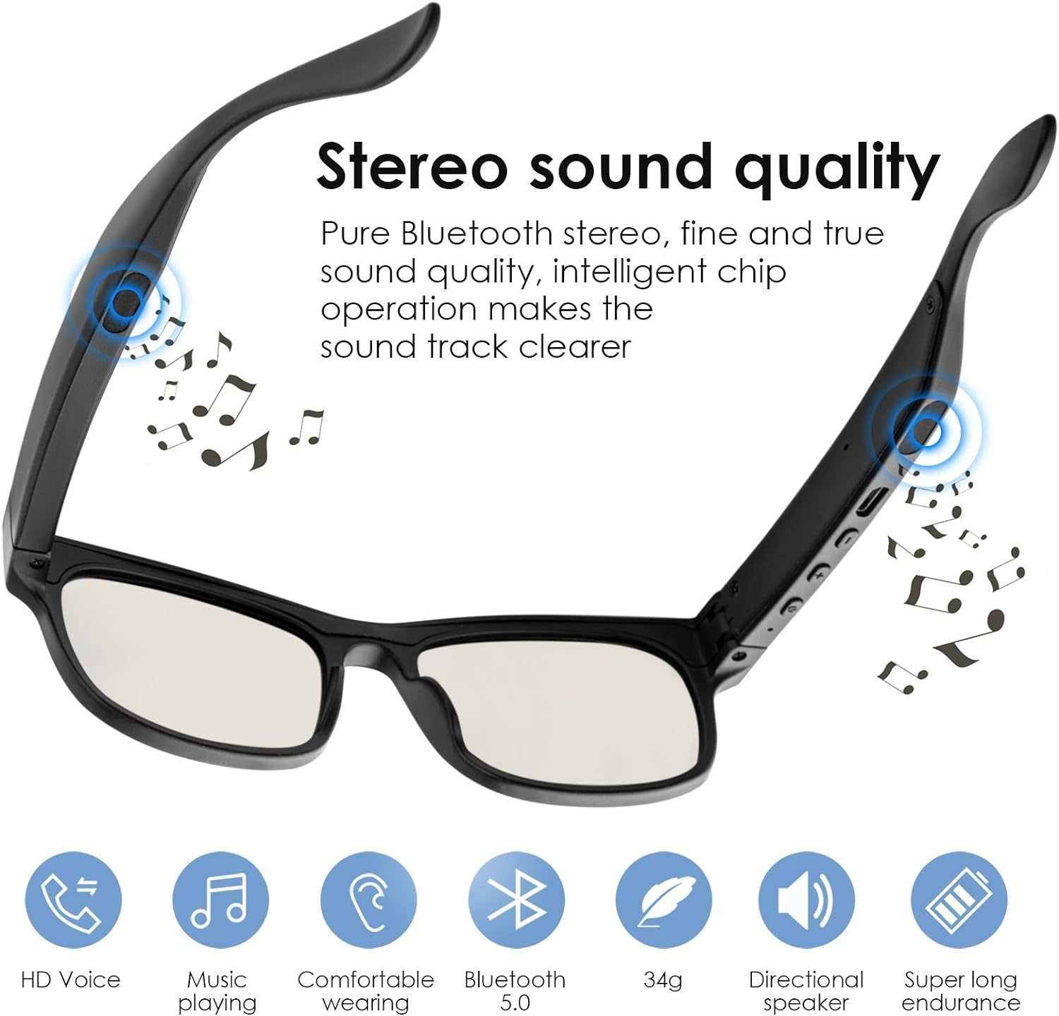 Smart audio Bluetooth sunglasses with stereo sound quality, Bluetooth 5.0, and IPX4 waterproof design.
