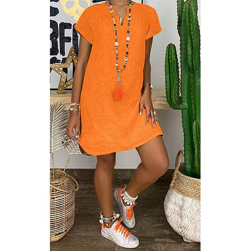 Orange summer loose solid color short-sleeved V-neck cotton linen dress.