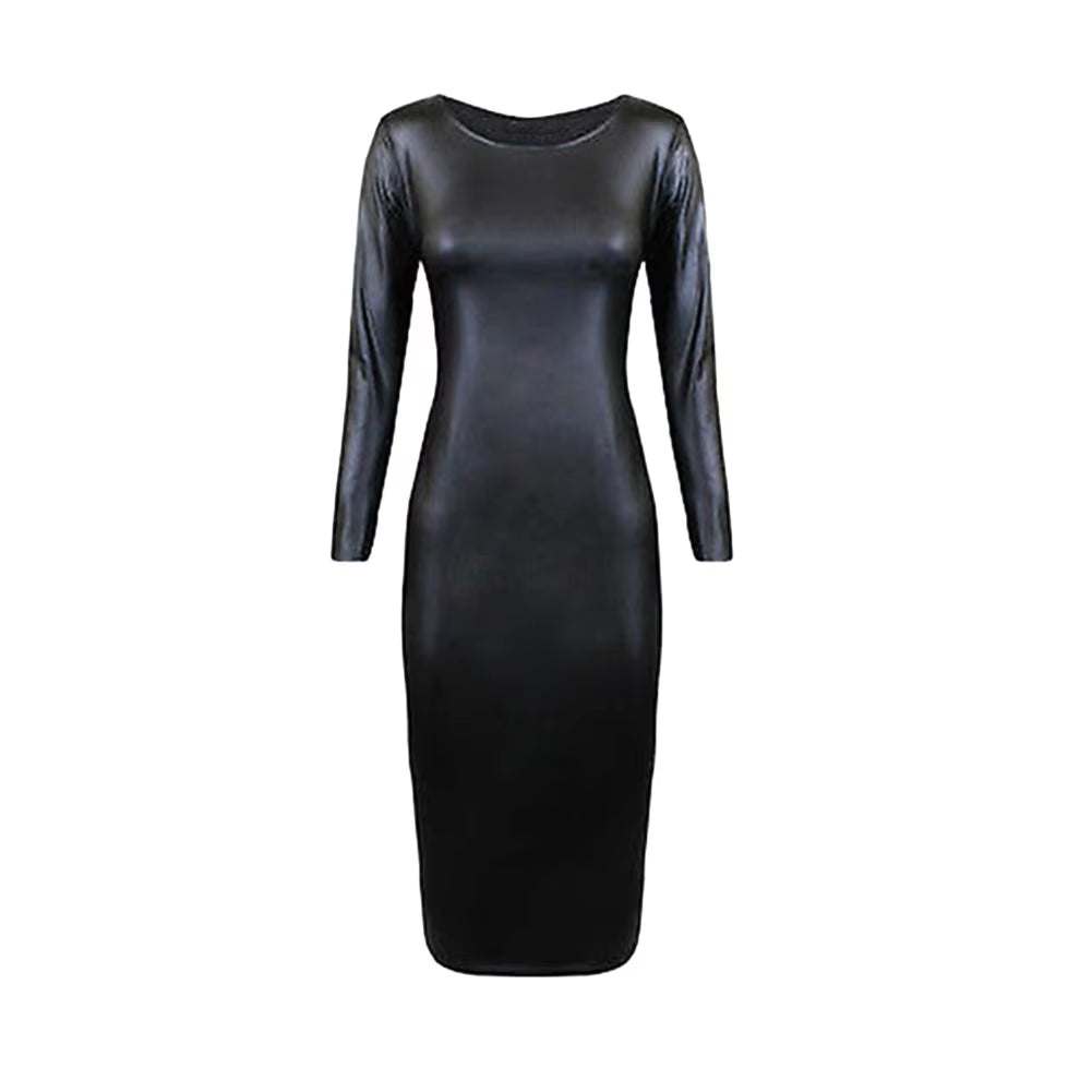 Women's sexy long sleeve faux leather bodycon dress, midi length, crew neck design.