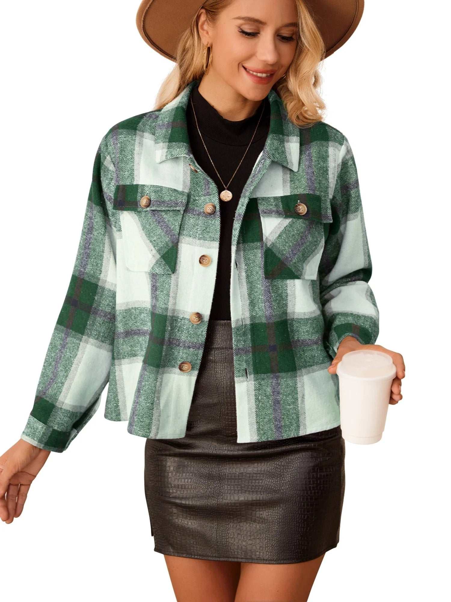 Trendy women's flannel shirt with a classic plaid design, button closure, and practical pockets.