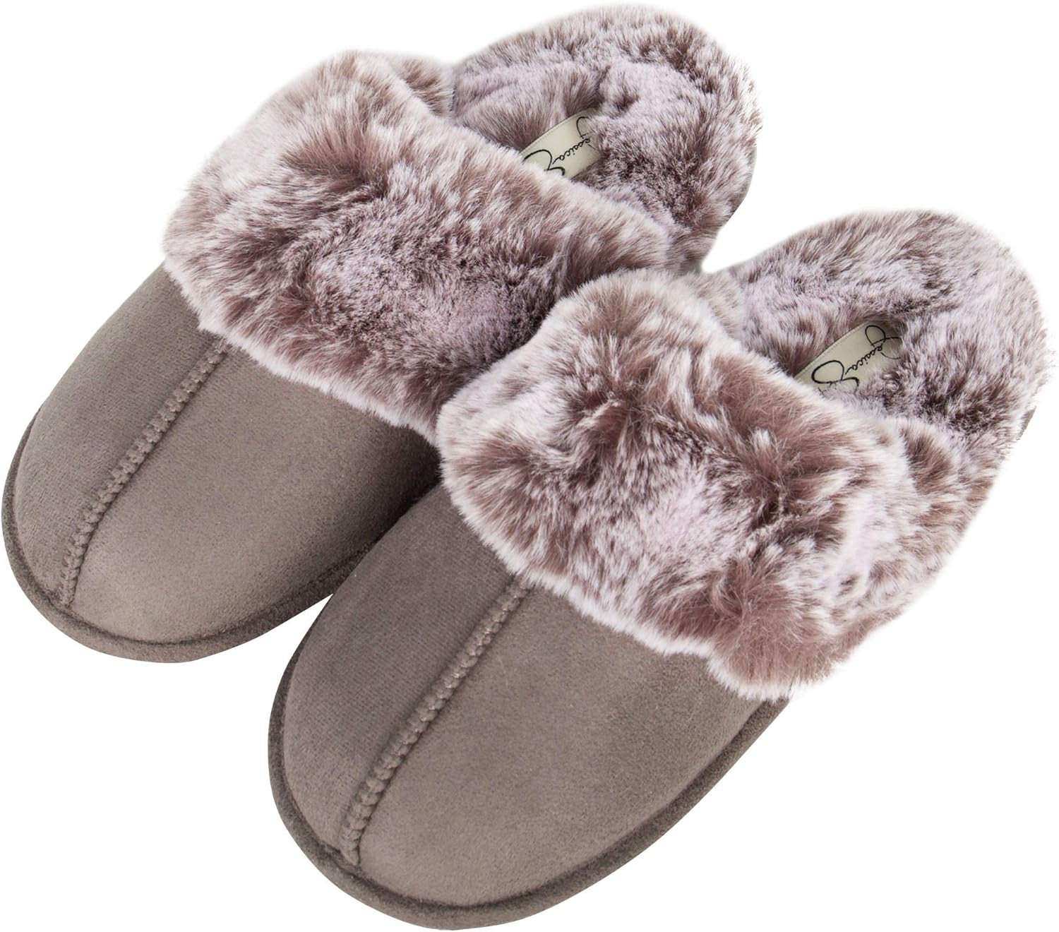 Women Slipper comfy faux fur house slippers with anti-skid sole, Jessica Simpson design.