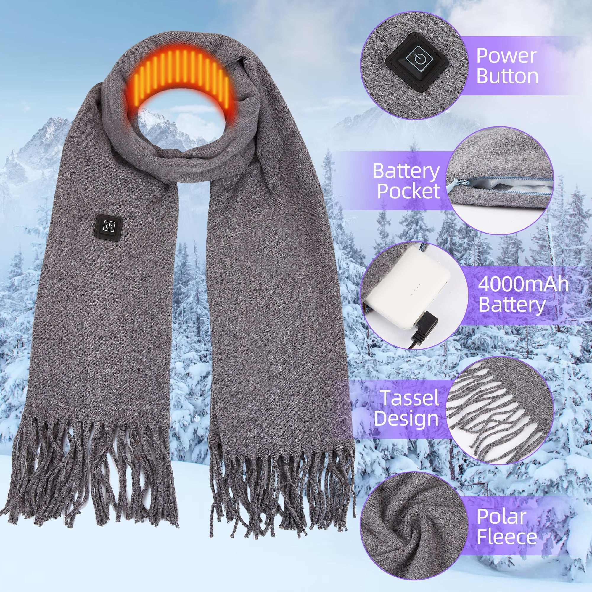 Heated scarf for women and men, USB powered, black and white plaid design, features adjustable temperature settings and soft fleece material.