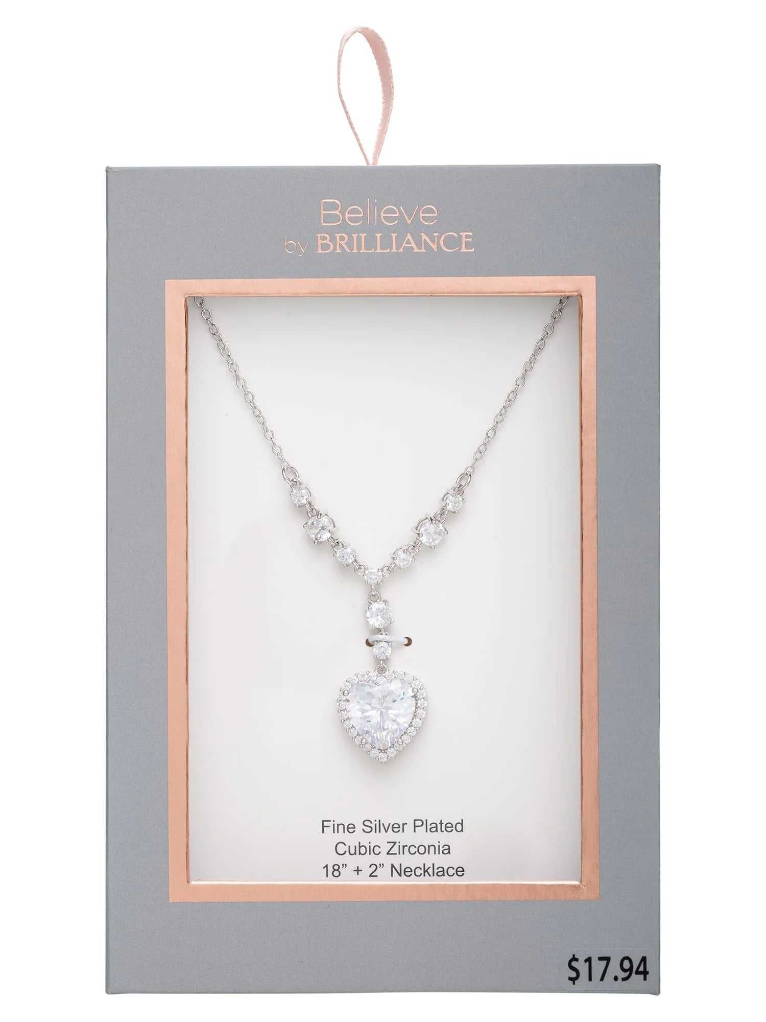 Women's silver-plated cubic zirconia heart pendant necklace in box, 18-inch chain.
