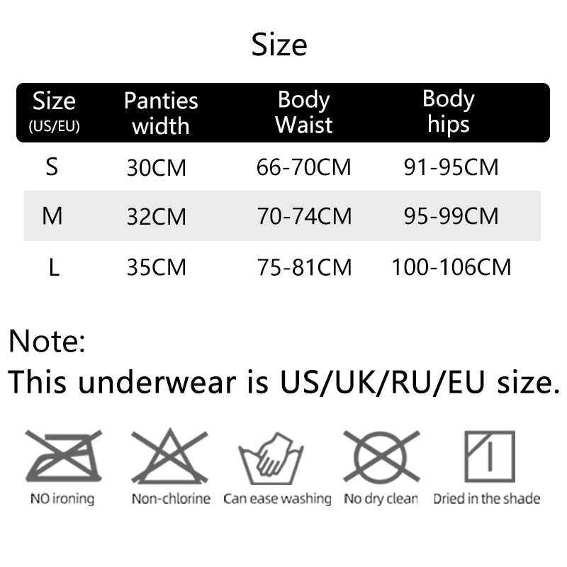 Size chart for Pajamas boxer bottoms, showing sizes S to L with measurements for panties width, body waist, and body hips.