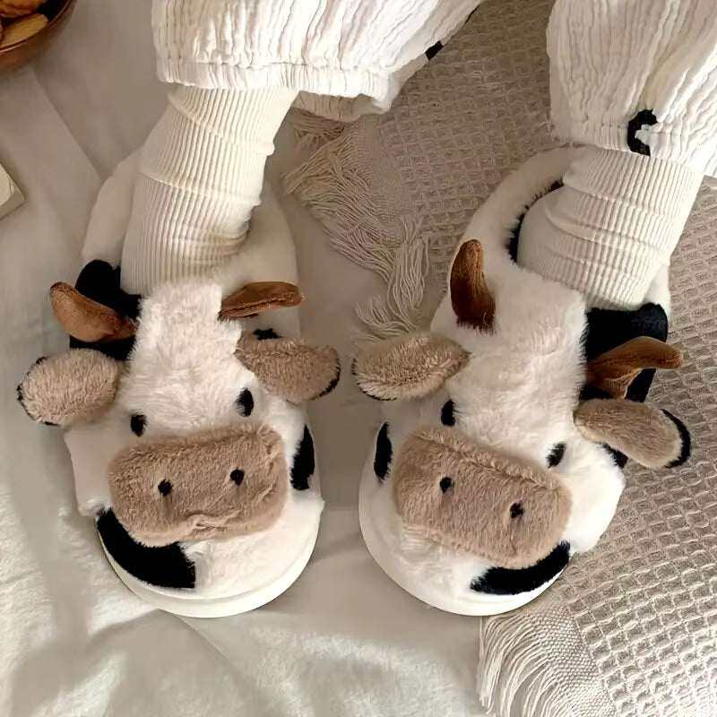 Women's fuzzy cow design house slippers, cozy and warm, closed toe.
