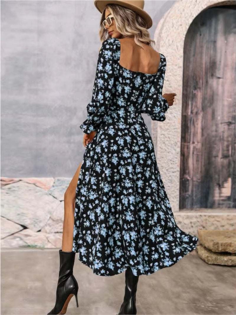 Women's blue floral split dress with square neck and long sleeves.