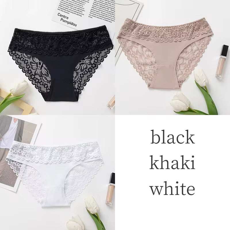 3-piece set of women's lace silk satin panties in black, khaki, and white colors, featuring stylish lace detailing for a sexy lingerie collection.