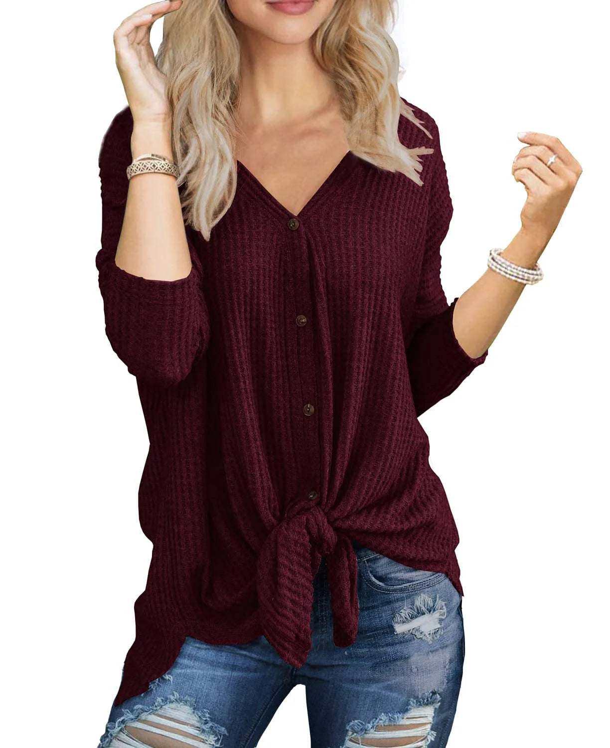 Women Blouse Long Sleeve V Neck Button Down with Tie Front Knot in Burgundy.