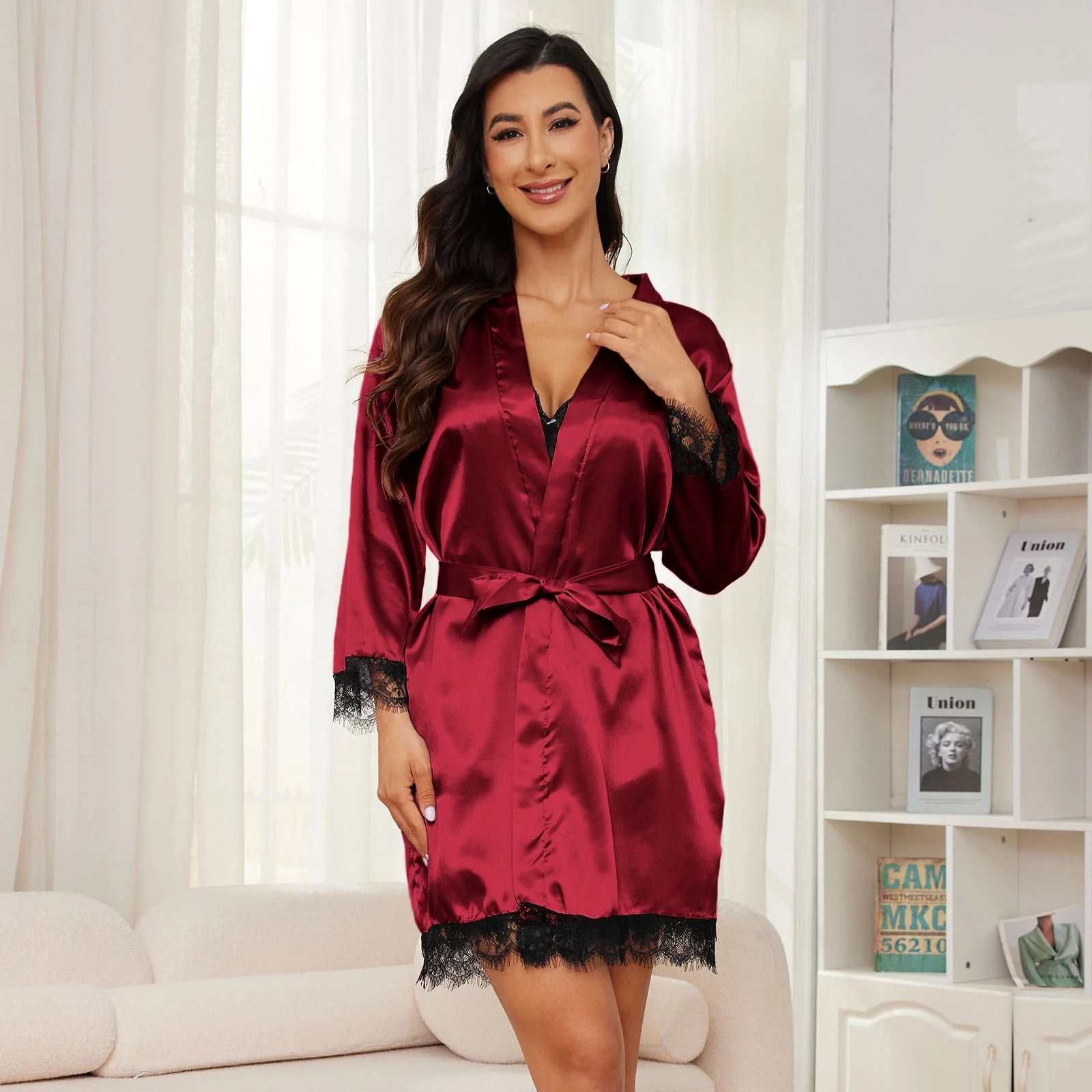 Luxurious burgundy silk satin pajama set with lace trim for women.