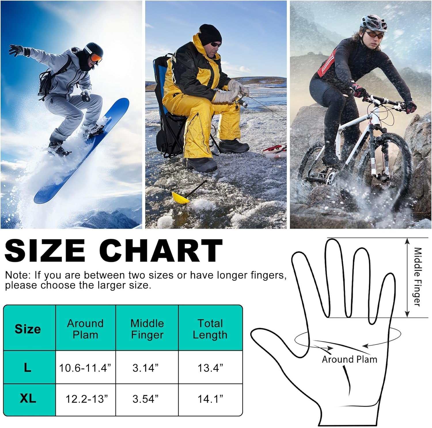 Heated thermal gloves for outdoor activities with size chart and sports imagery.