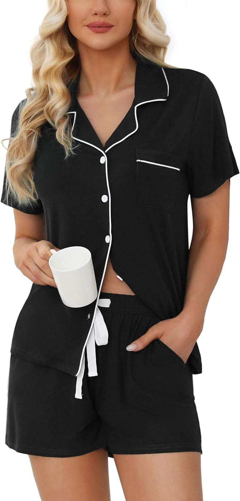 Women's short sleeve pajamas set with button-down top and shorts in black.
