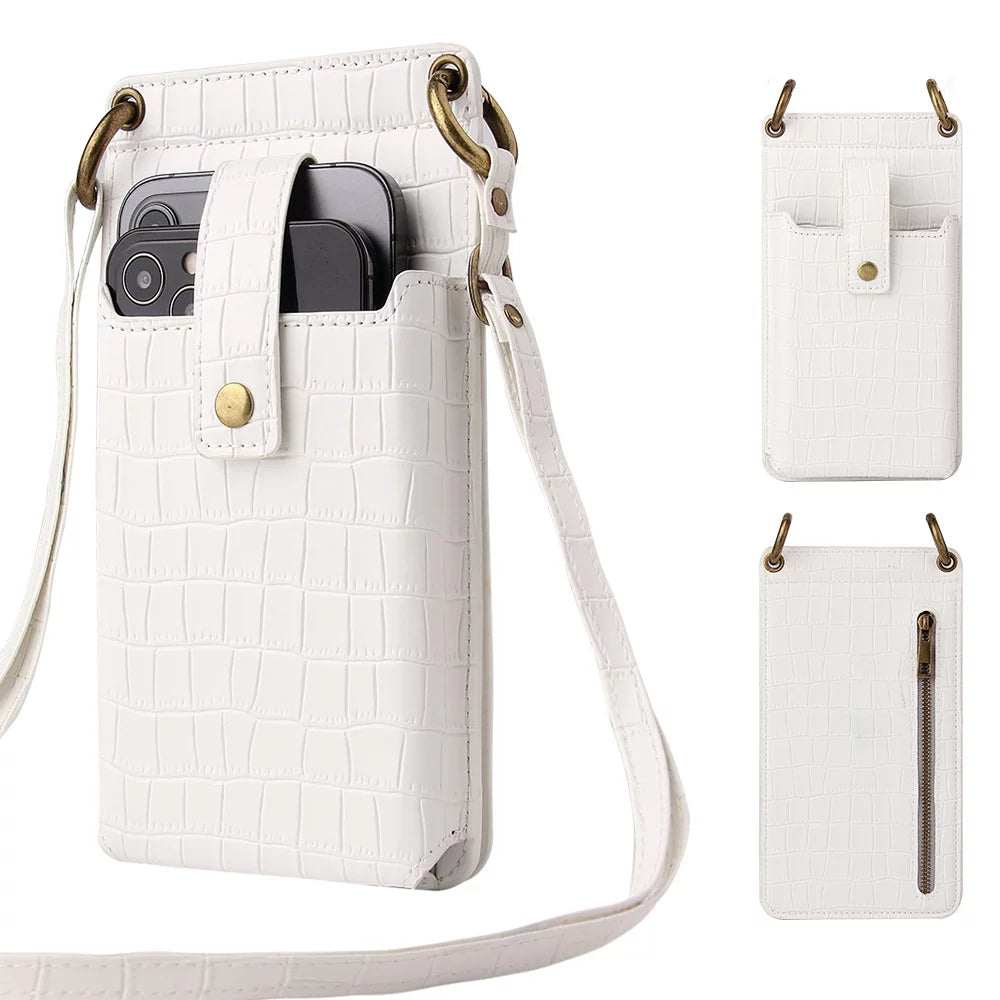 Women's shoulder bag with card wallet pouch in white PU leather, featuring RFID protection and adjustable strap. Perfect for travel and daily use.