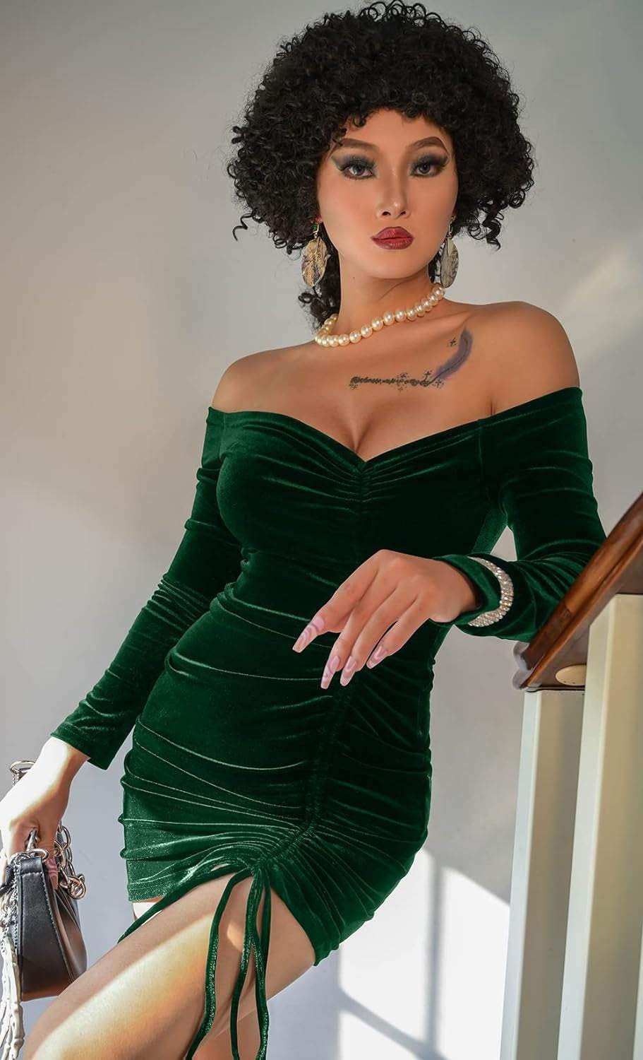 Women sexy velvet bodycon mini dress, off-shoulder design, ruched detail, perfect for clubbing.