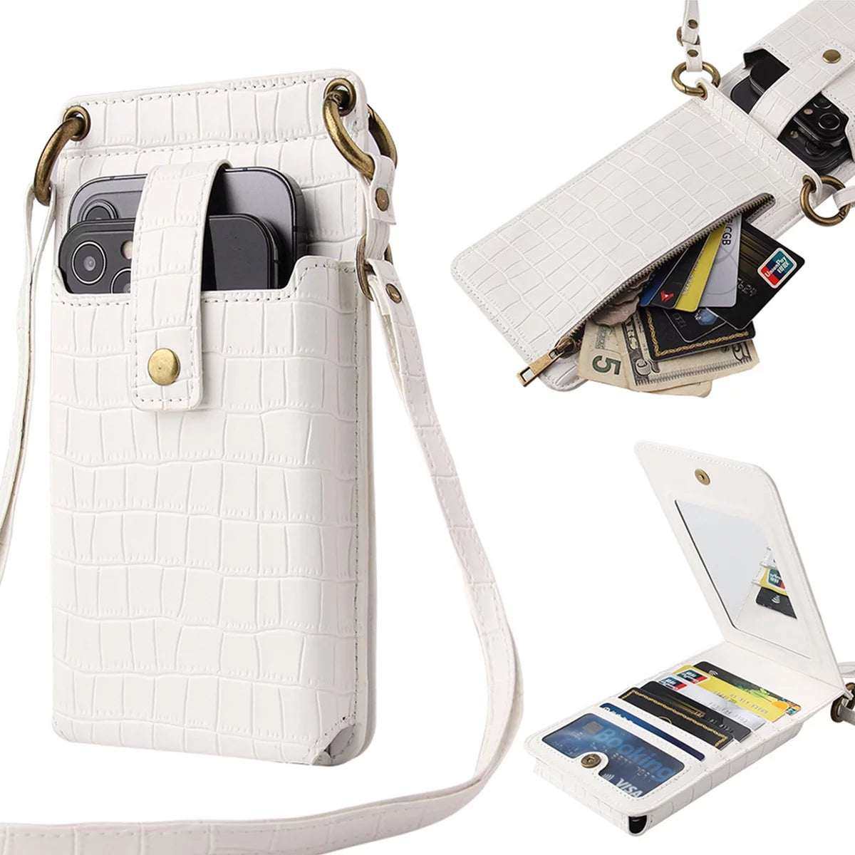 Women's shoulder bag with RFID protection, card slots, phone compartment, and adjustable strap in white PU leather.