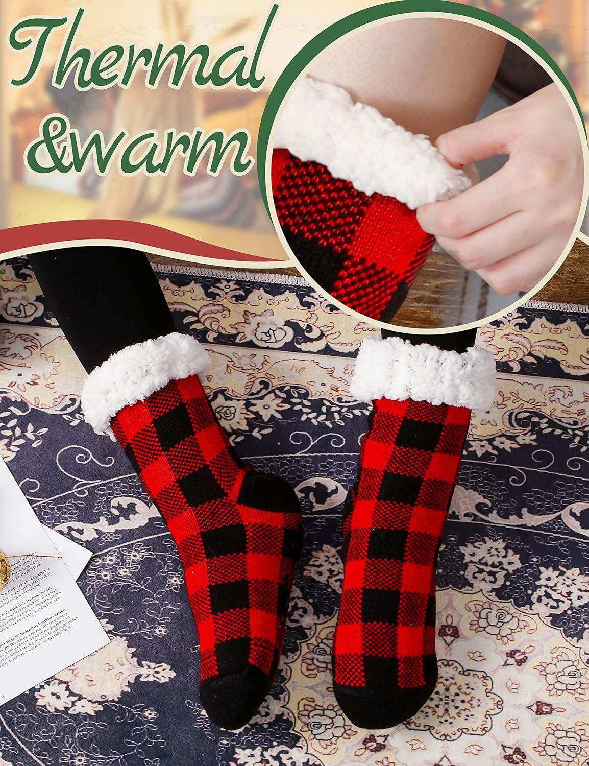 Cozy red and black checkered slipper socks with fluffy fleece lining and anti-slip grips.
