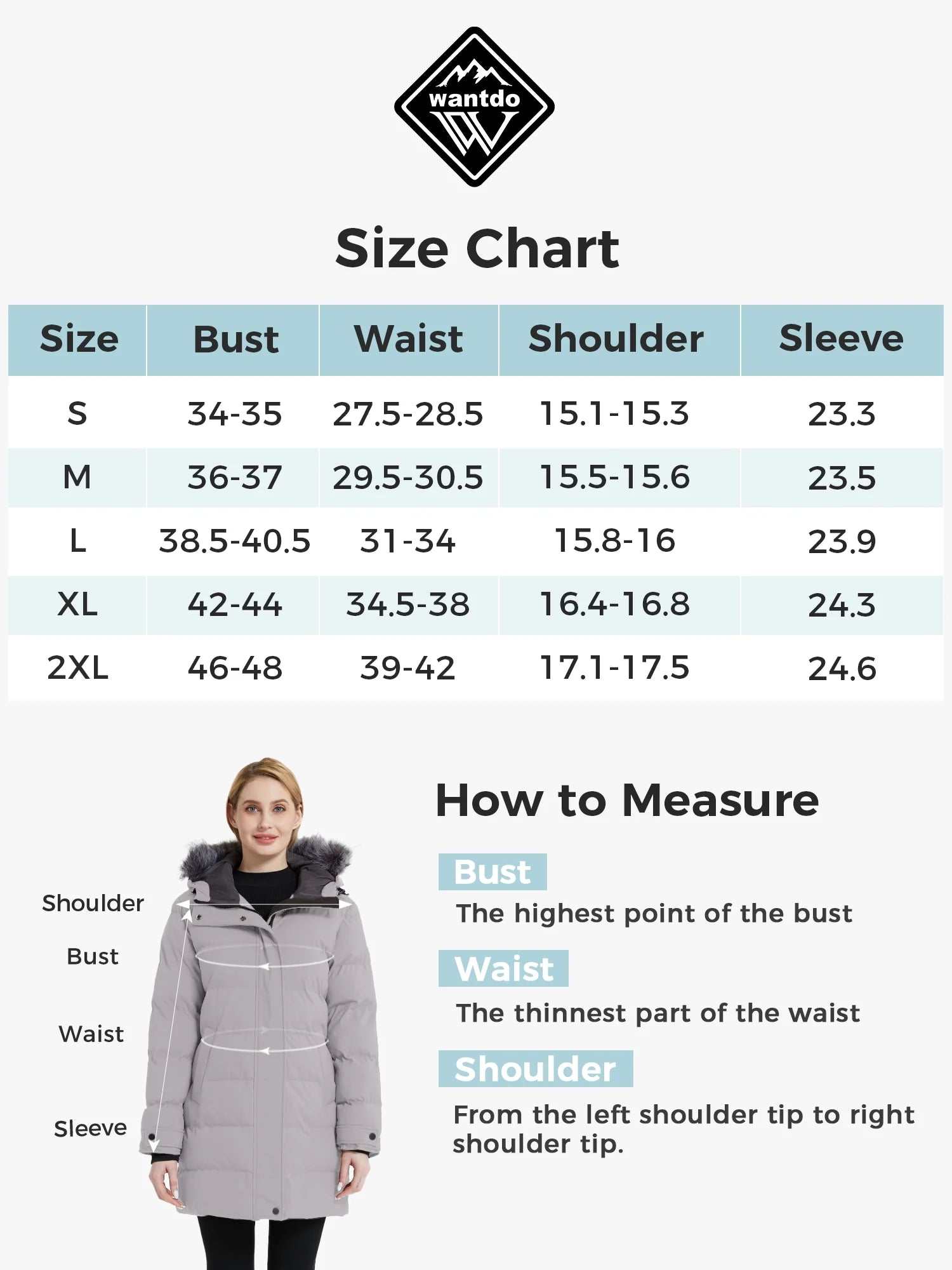 Size chart and measuring guide for women's waterproof winter puffer jacket in charcoal, size 2XL.