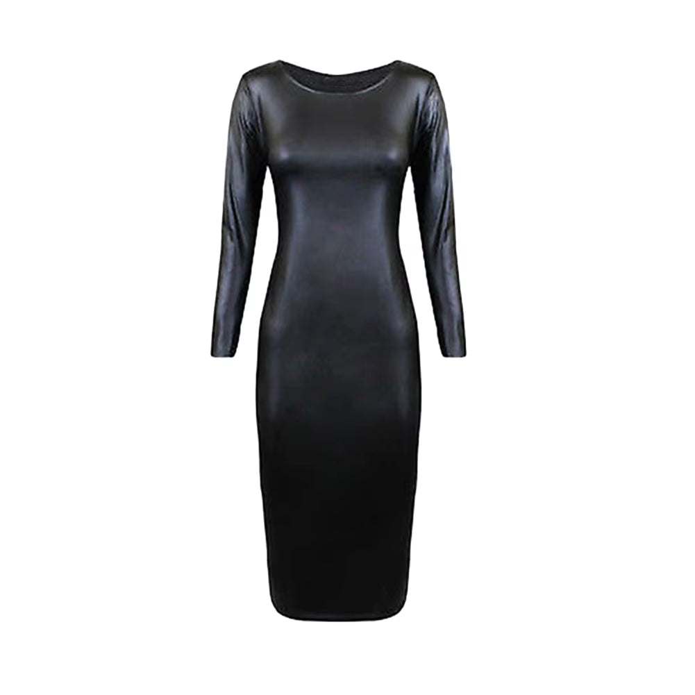 Women sexy long sleeve faux leather bodycon midi dress.