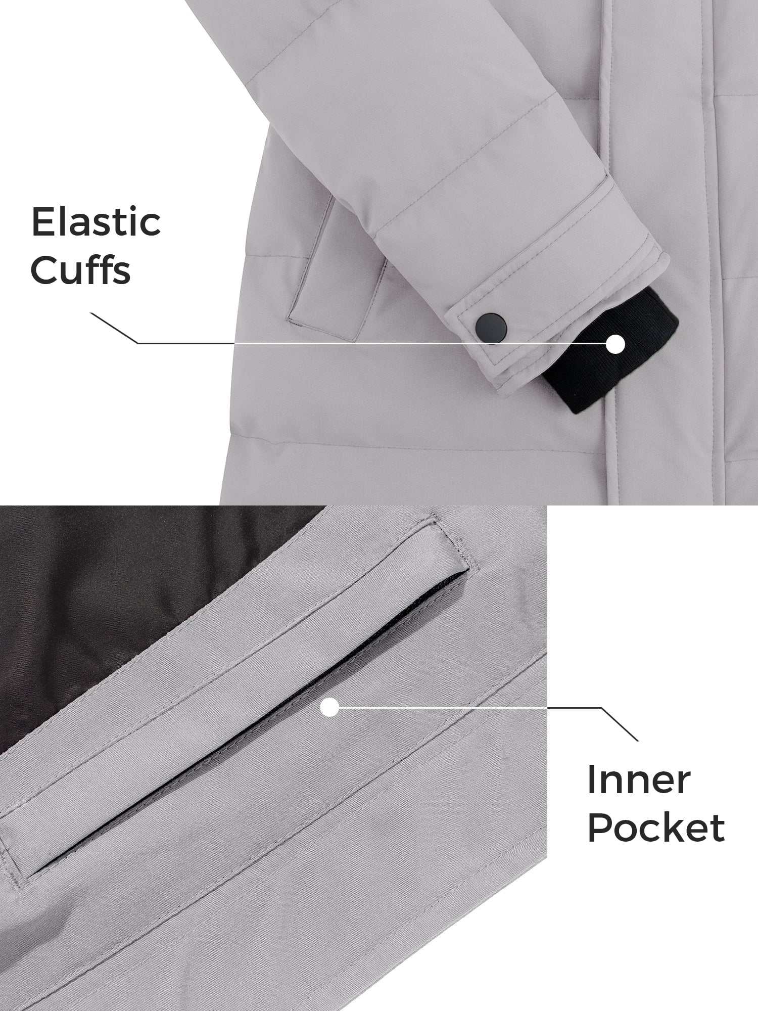 Elastic cuffs and inner pocket details on women's charcoal waterproof puffer jacket.