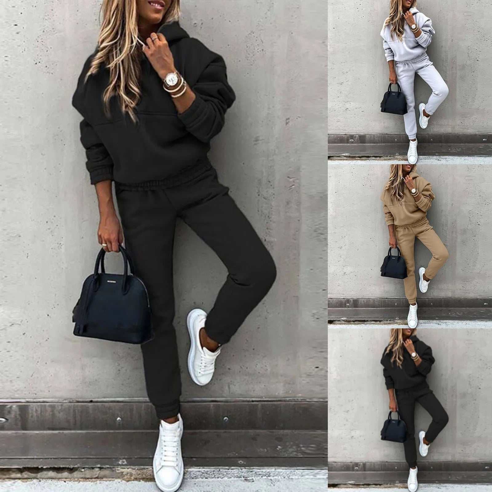 Women's hooded sweatshirt solid casual sport trouser suit in black, white, and beige options.