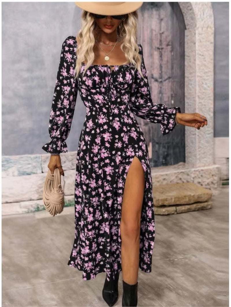 Women's spring floral print split dress with square neck and wrap design.