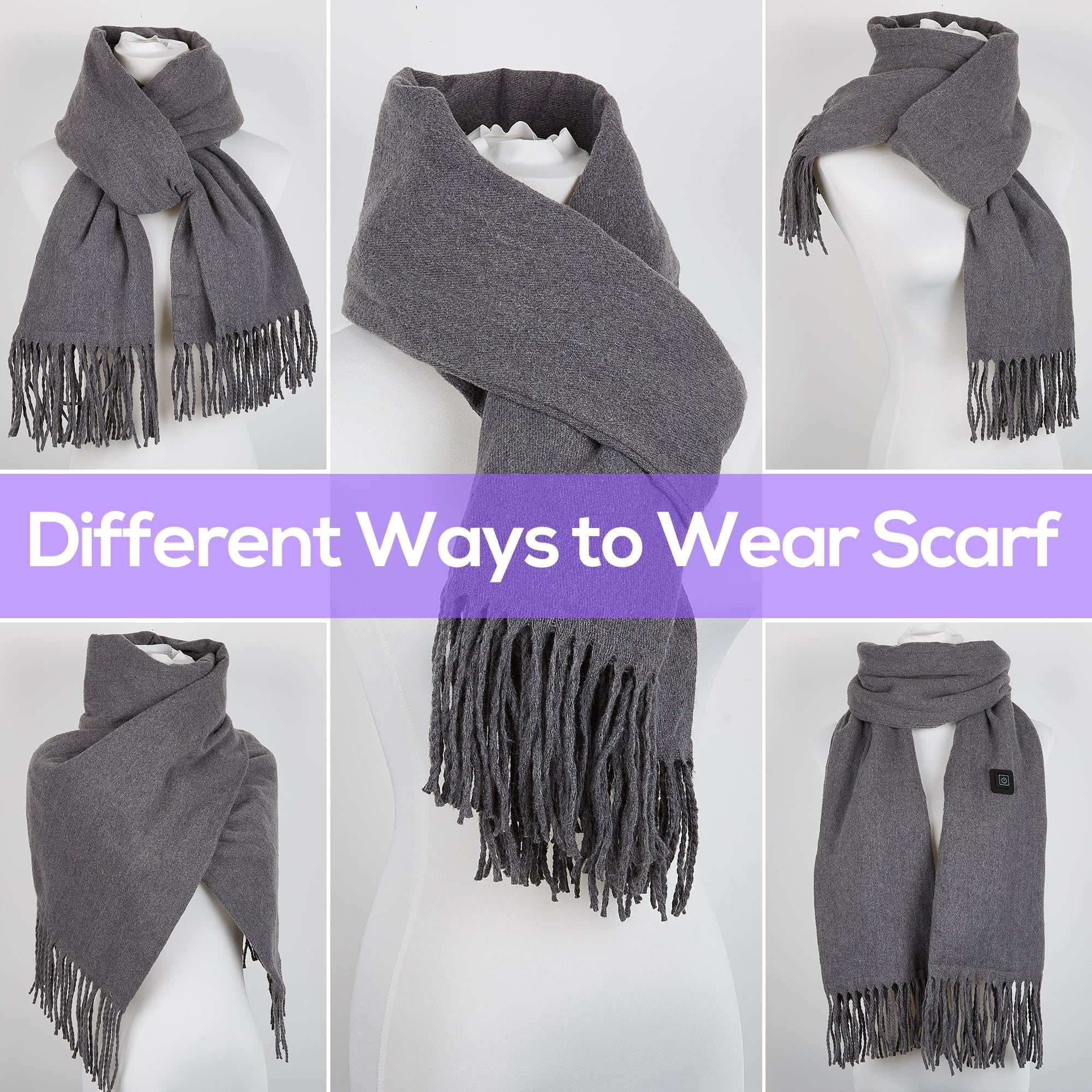 Black and white plaid USB heated scarf, versatile wear options, soft fleece, winter neck warmer.