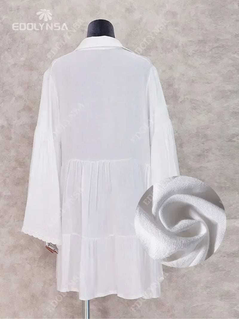 Women's swimsuit cover-up tunic dress, solid white pareo with mandarin sleeves.
