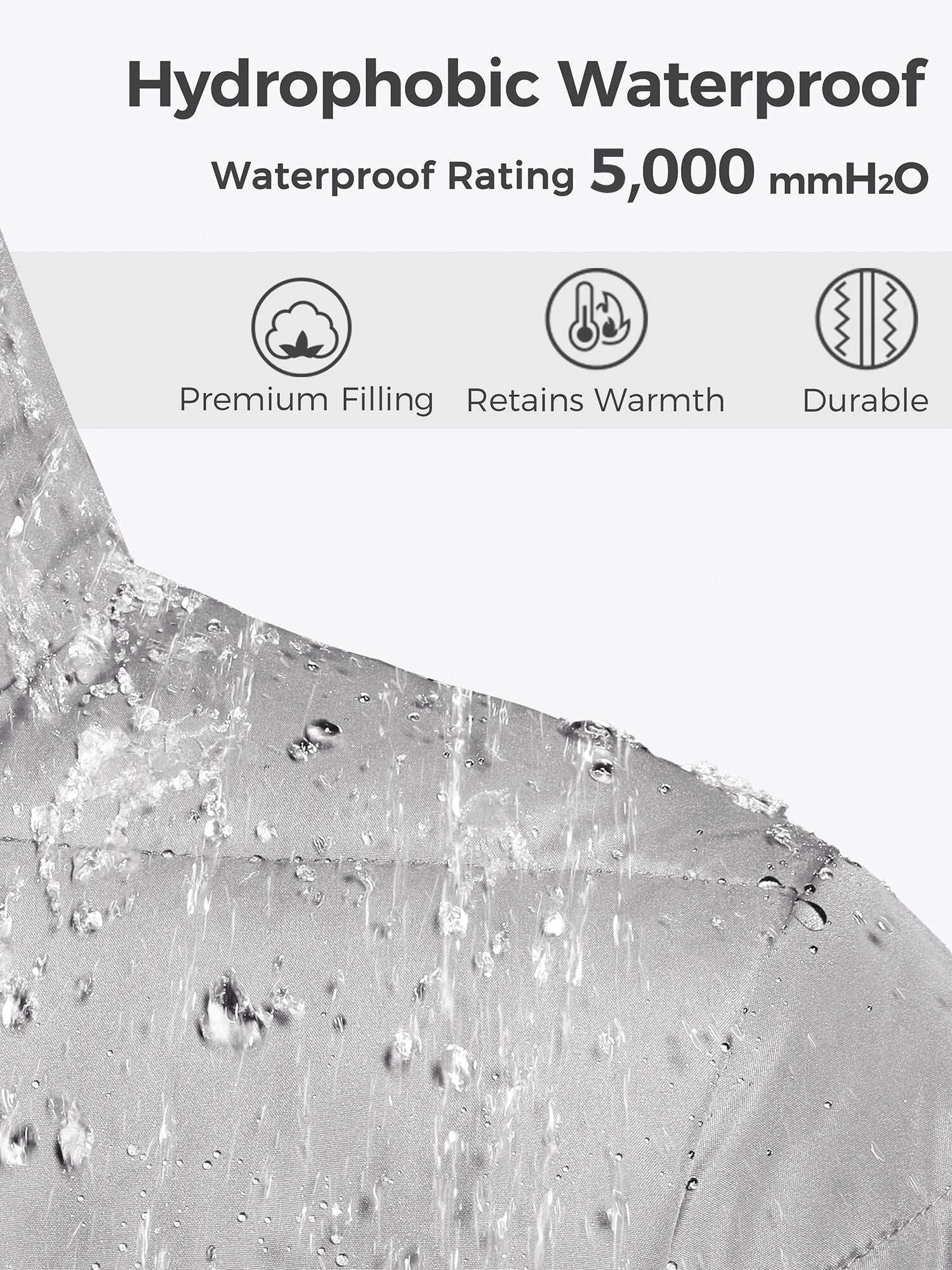 Waterproof puffer jacket with 5000mm water resistance, premium filling, warmth retention, and durable design.