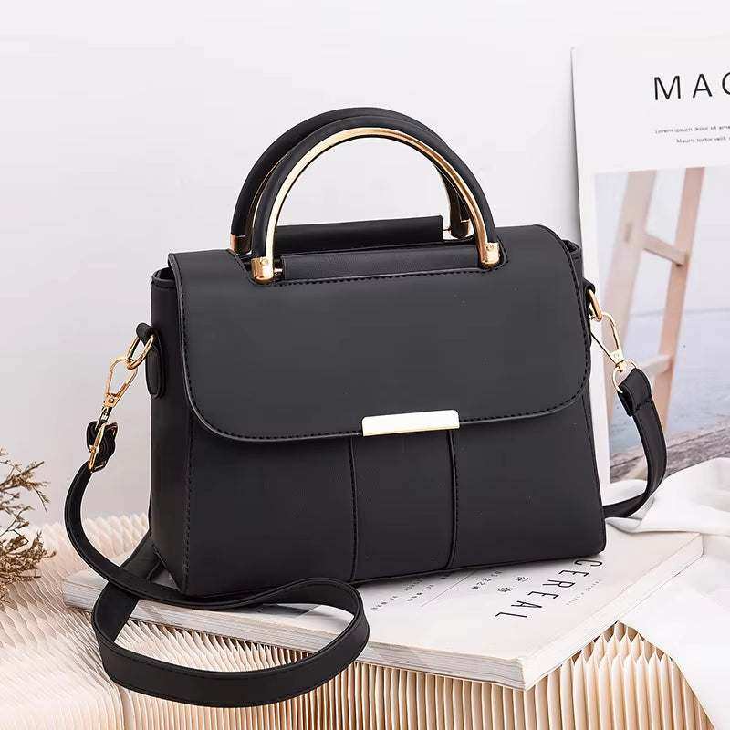 Chic small bag simple handbag for women in black PU leather with gold accents, featuring a versatile strap for shoulder or crossbody use.