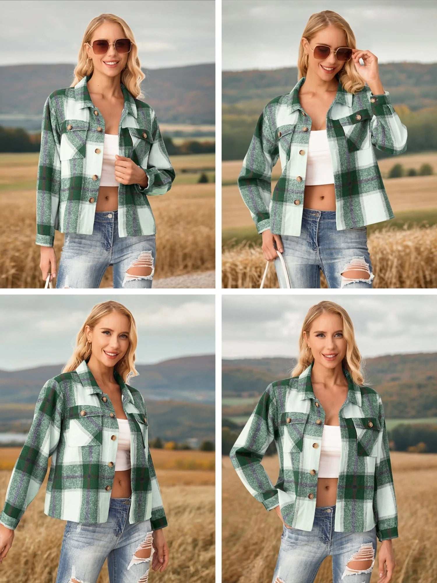 Women wearing green plaid flannel shirt, button-down style, outdoors.