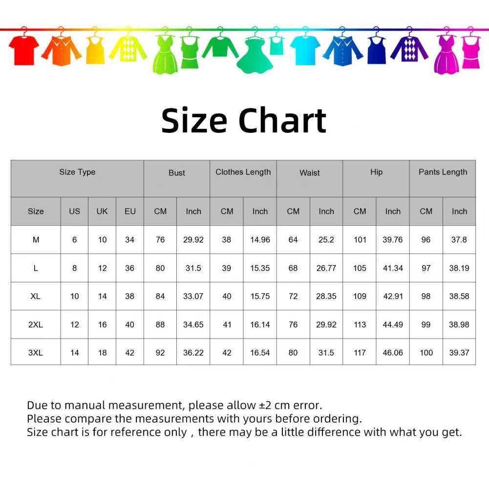 Size chart for Sleep Lounge Sexy Casual Pajamas Set for Women Summer Lace Long Trousers, showing measurements in inches and centimeters for various sizes.