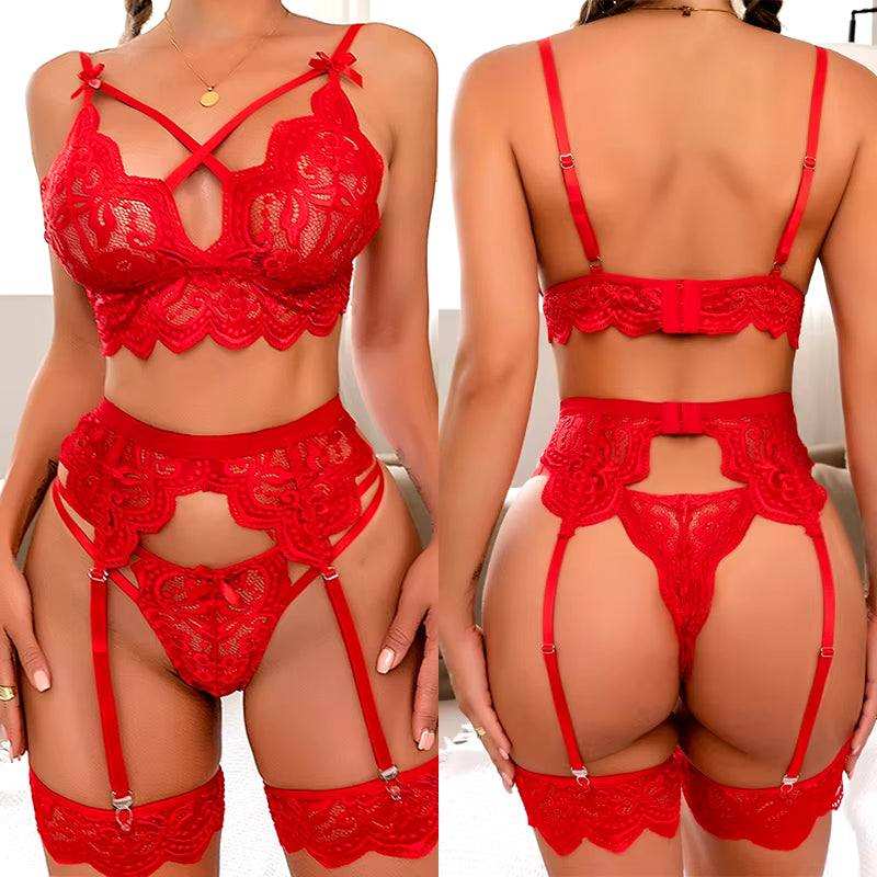 Women's red sexy lingerie set with deep V-neck, garters, and lace details.