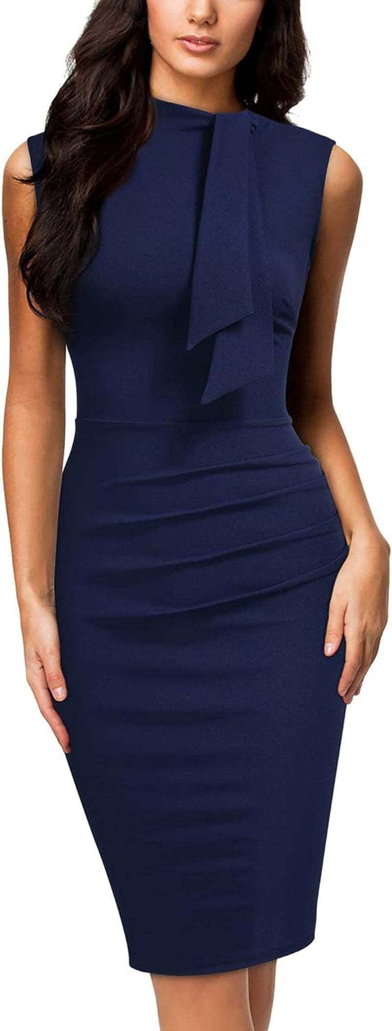 Women's retro 1950s style half collar ruffle cocktail dress, navy blue, knee-length, sleeveless, elegant design.