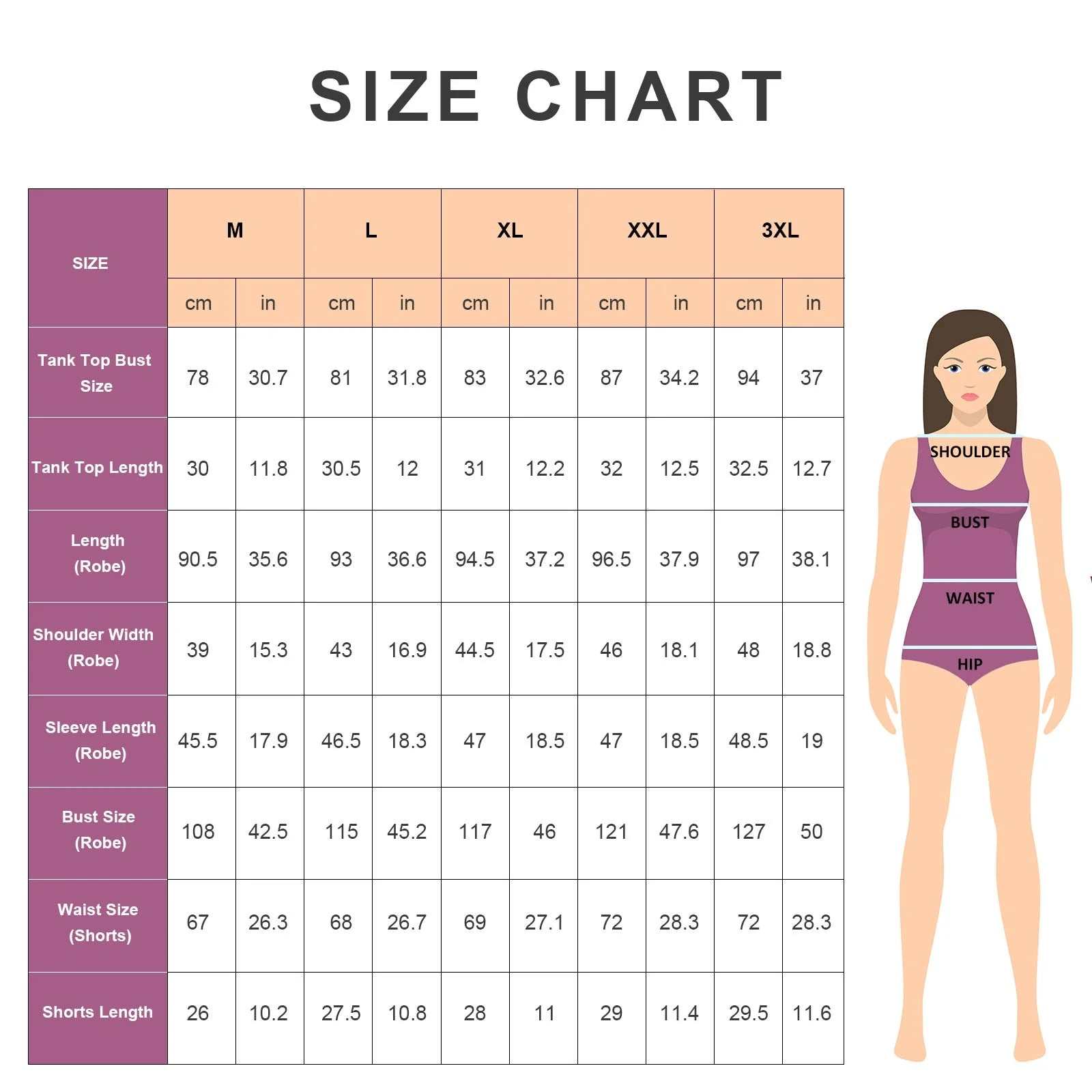 Size chart for women pajamas sets showing measurements for sizes M, L, XL, XXL, and 3XL.