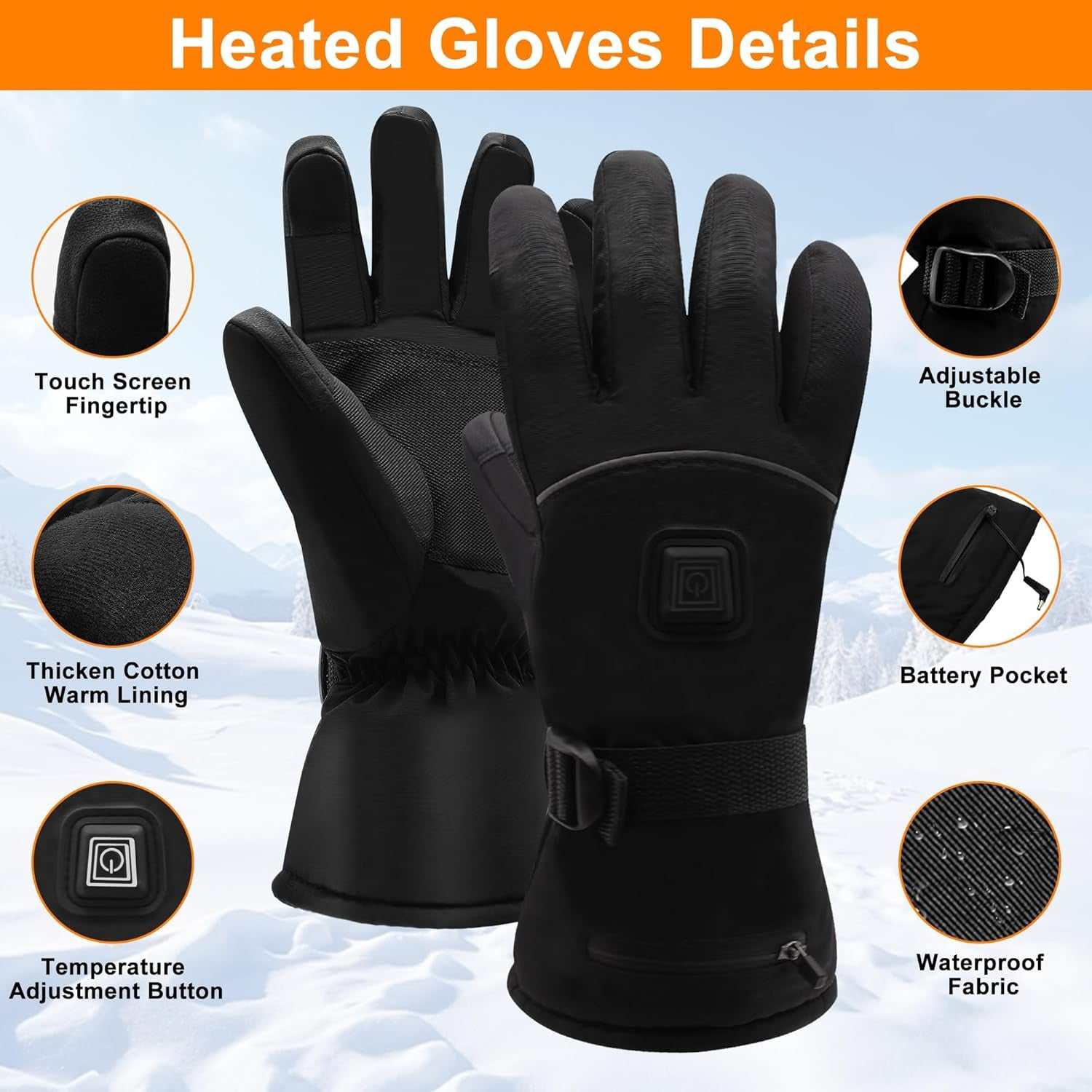 Heated thermal gloves with touchscreen fingertips, adjustable buckle, battery pocket, and waterproof fabric in snowy background.
