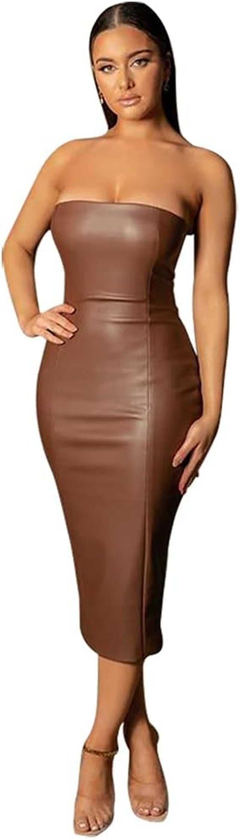 Women Strapless Dress off Shoulder Bodycon Party Dress in brown, elegant midi length, perfect for day or night occasions.
