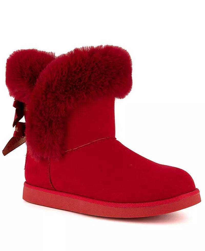 Red Women's King Cozy Cold Weather Boots with plush texture and faux suede material.