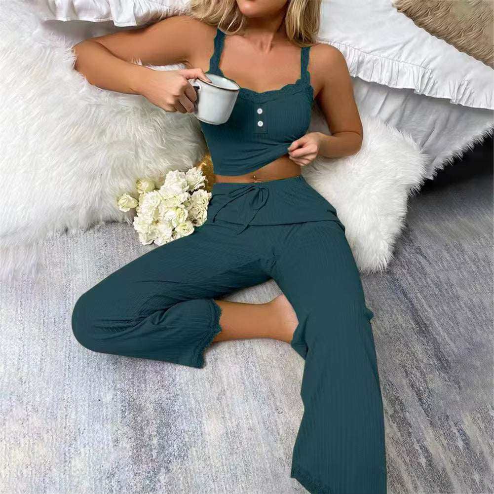 Sleep Lounge summer lace pajama set with halter top and high-rise trousers, perfect for women.
