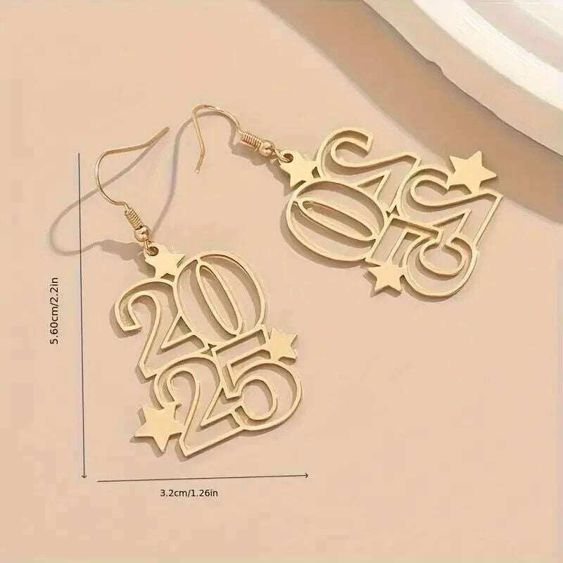 2025 New Year Eve Celebration Golden Drop & Dangle Earrings with star accents, elegant and versatile accessory.