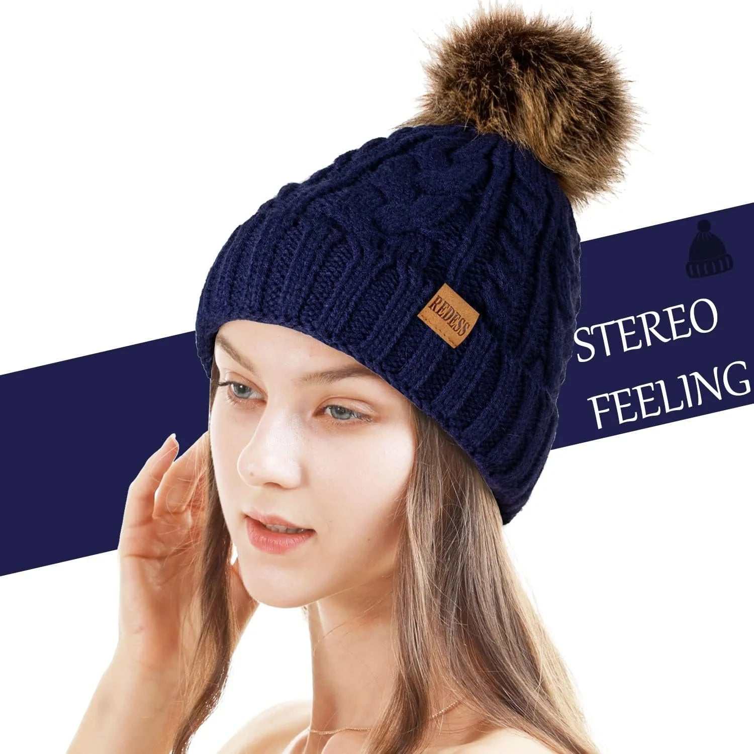 Women winter hat with warm fleece lining, slouchy knit design, cute pink color, pompom detail.