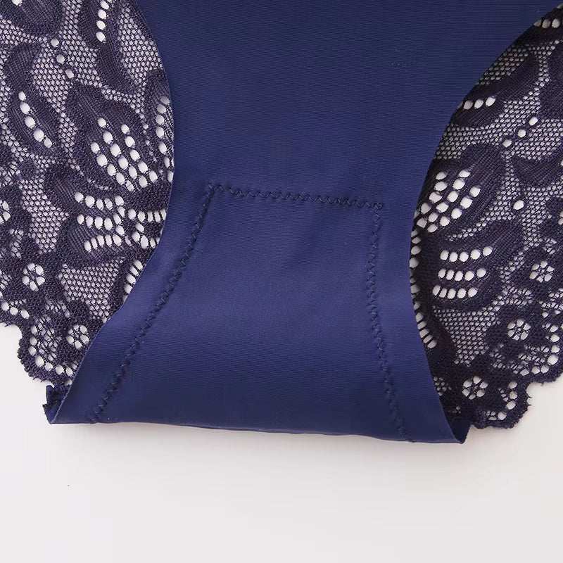 Lace satin women's panties in navy blue showing elegant detailing.