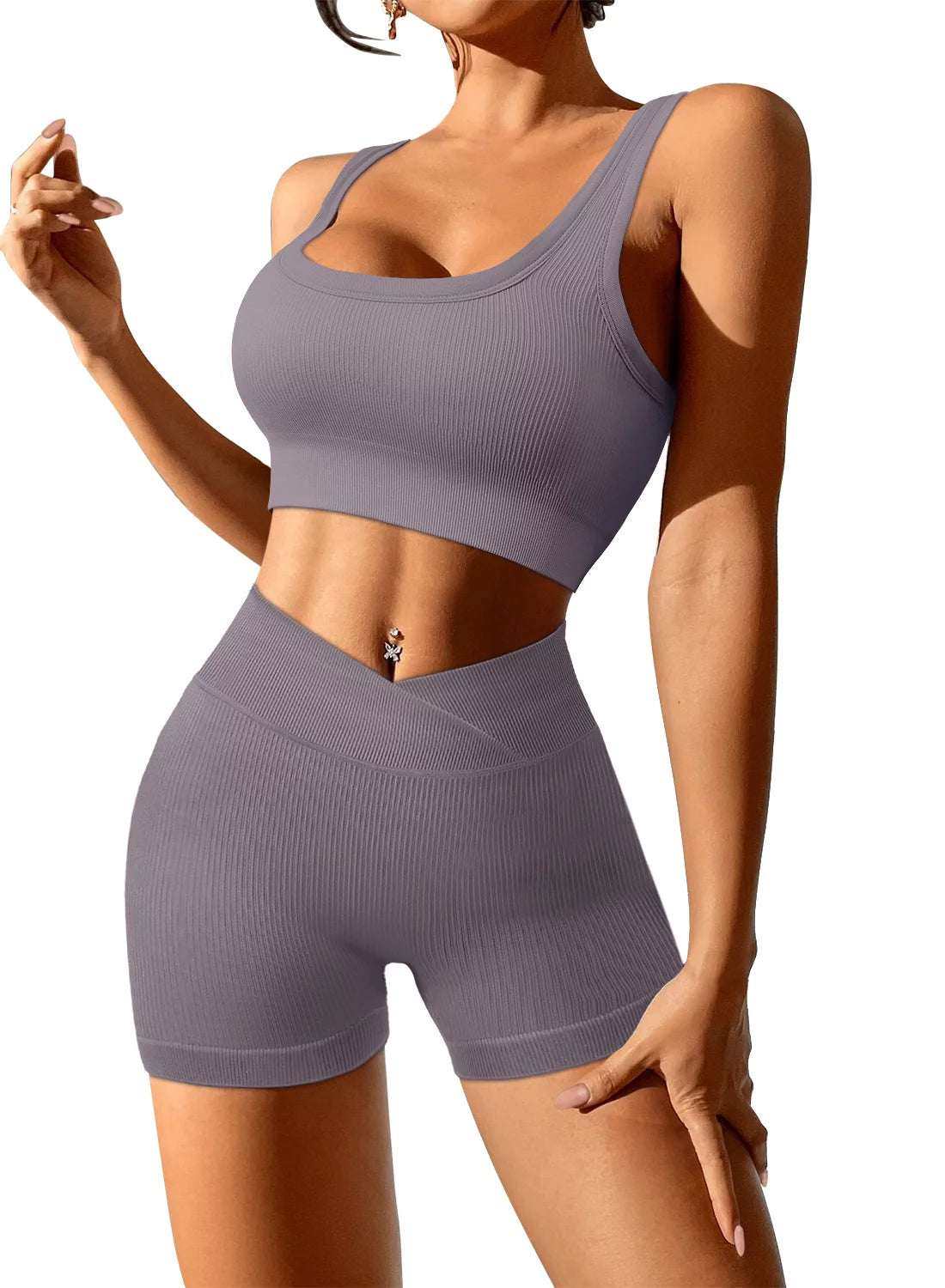 Women's 2 piece yoga suit workout set in gray, featuring a large neckline and high-waist shorts.