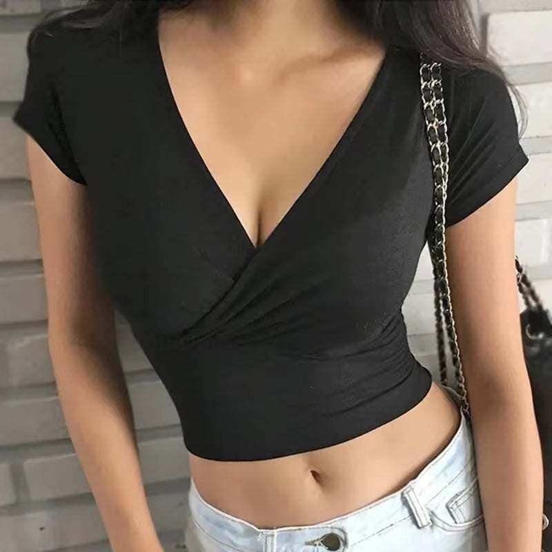 Sexy women crop top, V-neck, sleeveless, black, patchwork design.