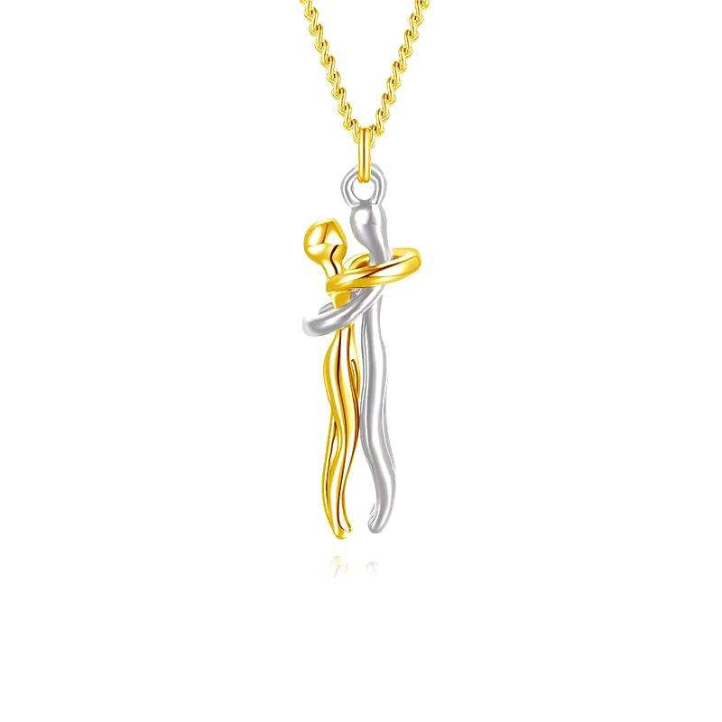 Fashion Hugging Necklace Jewelry Choker Pendant with gold and silver hugging figures, symbolizing love and connection.
