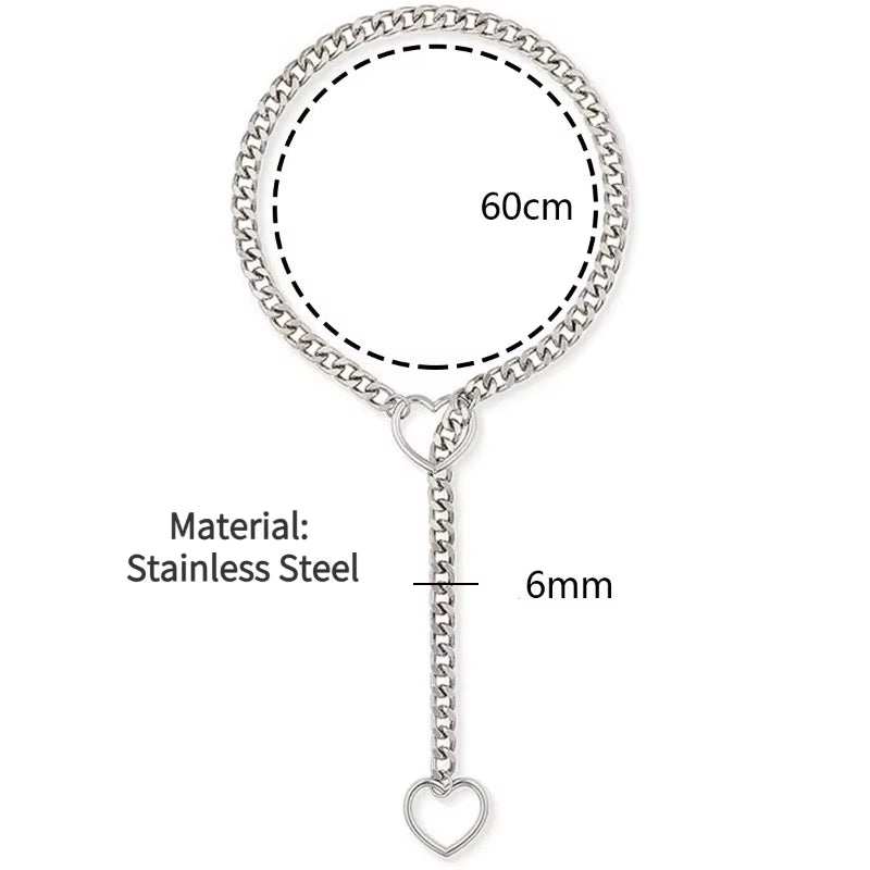 Women's punk rock heart O-ring lariat necklace with key, 60cm long, stainless steel jewelry.