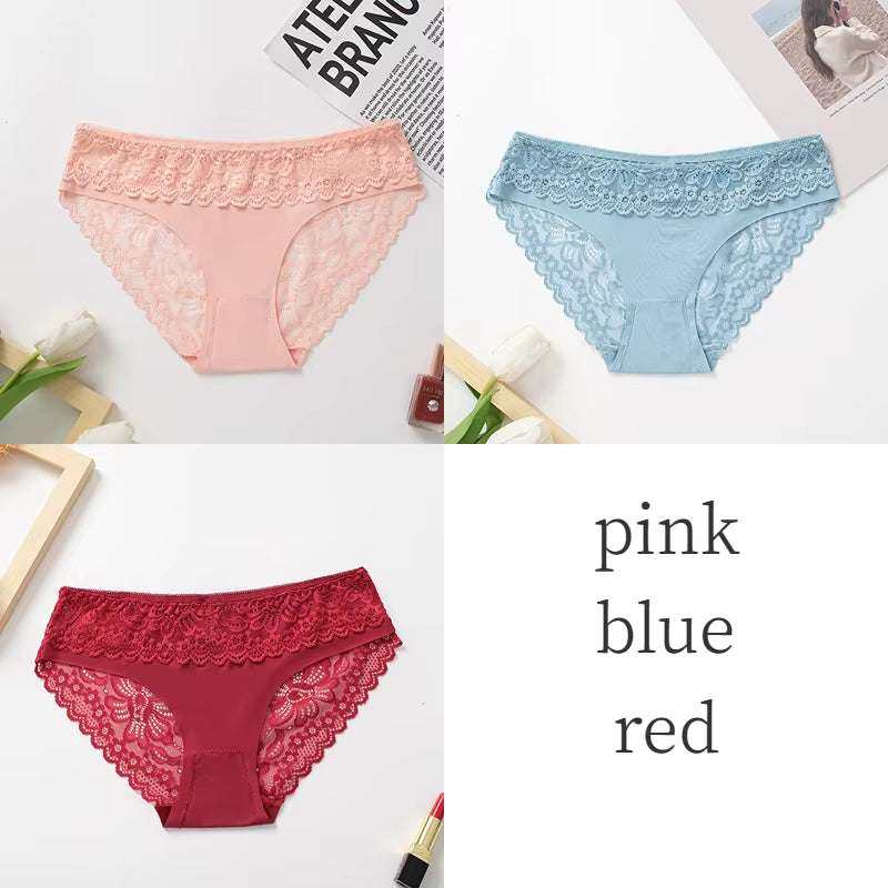 3-piece set of women's soft lace silk satin lingerie in pink, blue, and red; elegant and comfortable design for everyday wear.