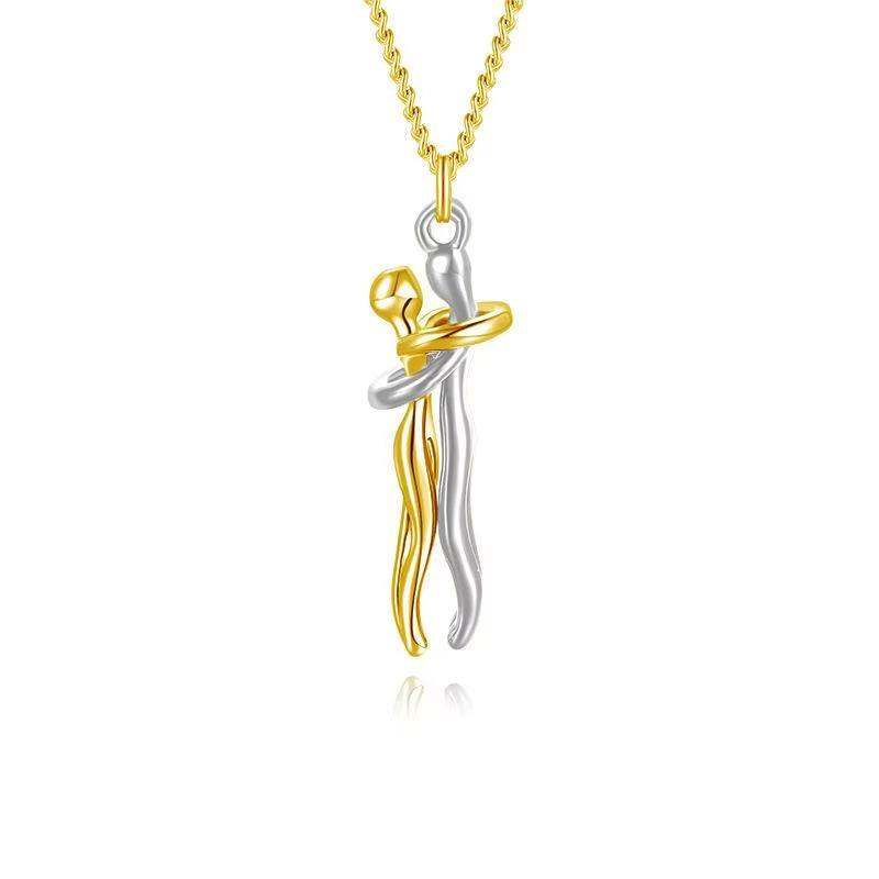 Elegant gold and silver hugging figure pendant choker necklace on chain.