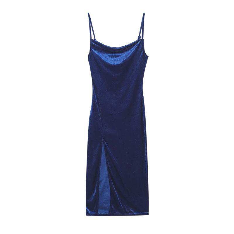 Spring/Summer blue slim fit split strap dress with adjustable straps.