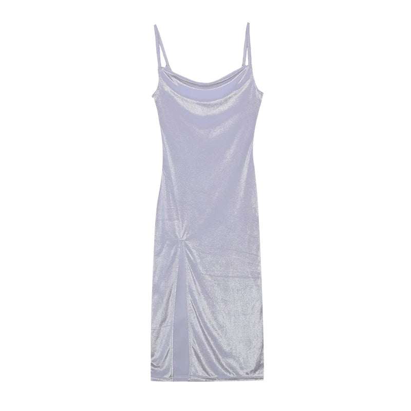 Spring/Summer fashion sexy slim fit split strap dress in shimmering light blue.