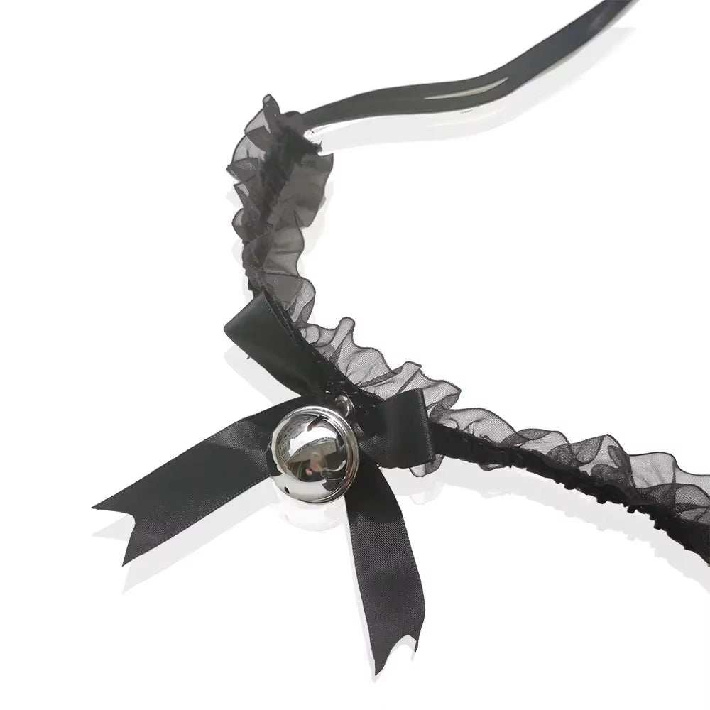 Gothic lace choker with bow knot and bell pendant in black.