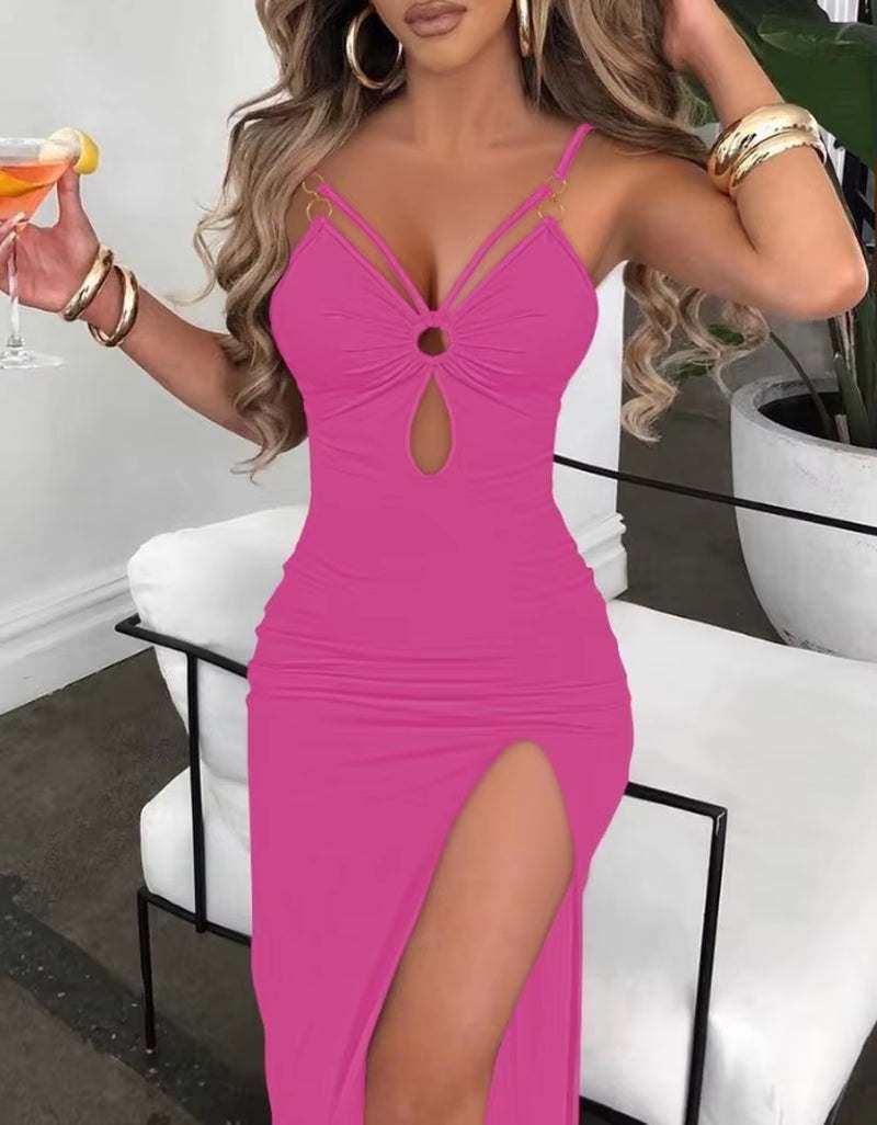 Pink spaghetti strap dress with a hollow-out design and high slit, perfect for summer outings.